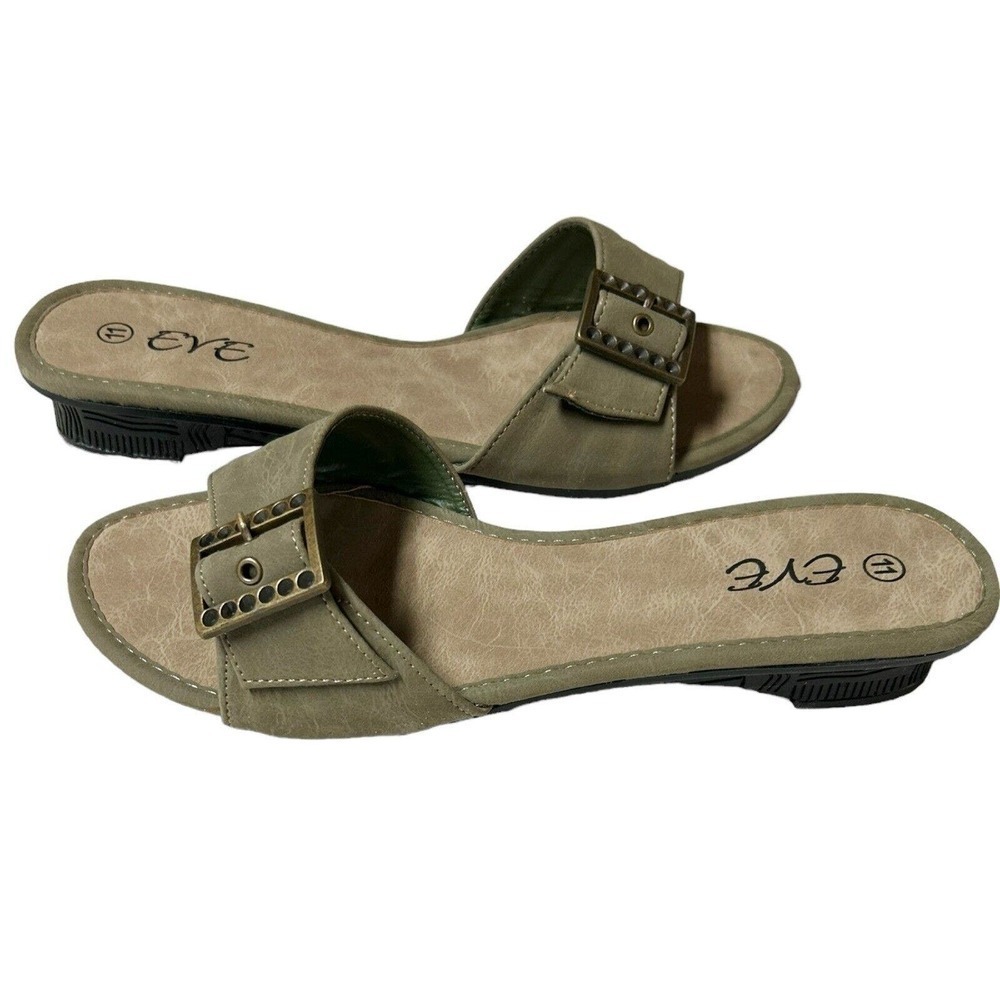 Eve Buckle Sandal Slides Low Heel Khaki Color Size 11